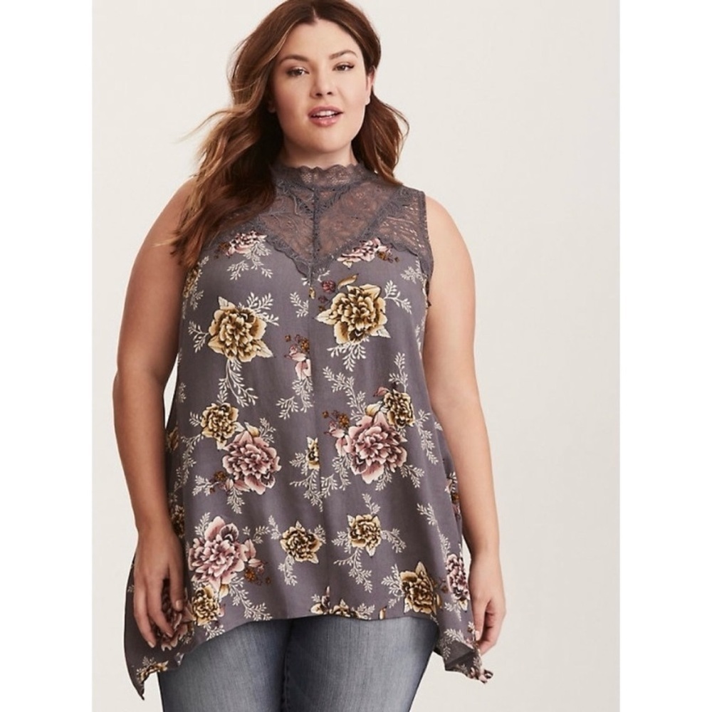 Torrid Gray Floral Lace Mock Neck Sharkbite Hem Sleeveless Tank Top size 1X
